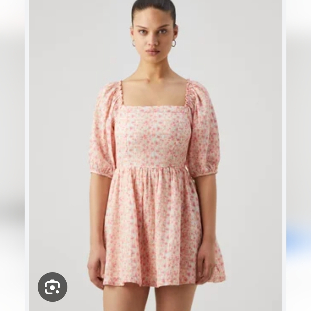 AE American Eagle Puff Sleeve Mini Dress Sundress Med Pockets Smocked